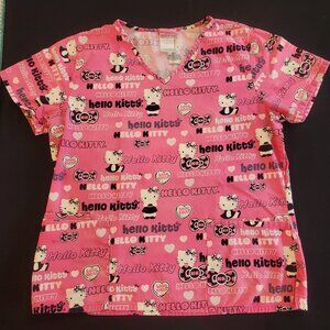 Vintage Hello Kitty by Sanrio Women's Pink Scrub Top Medium Hearts Uniform